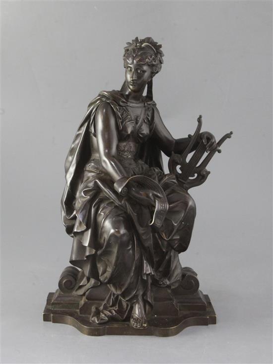 After Bourety. A 19th century French bronze allegorical figure of Music, height 14in.